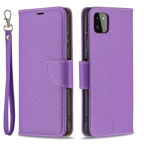 Solid Color Litchi Texture Wallet Stand Leather Cover with Strap for Samsung Galaxy A22 5G (EU Version) - Purple - 1