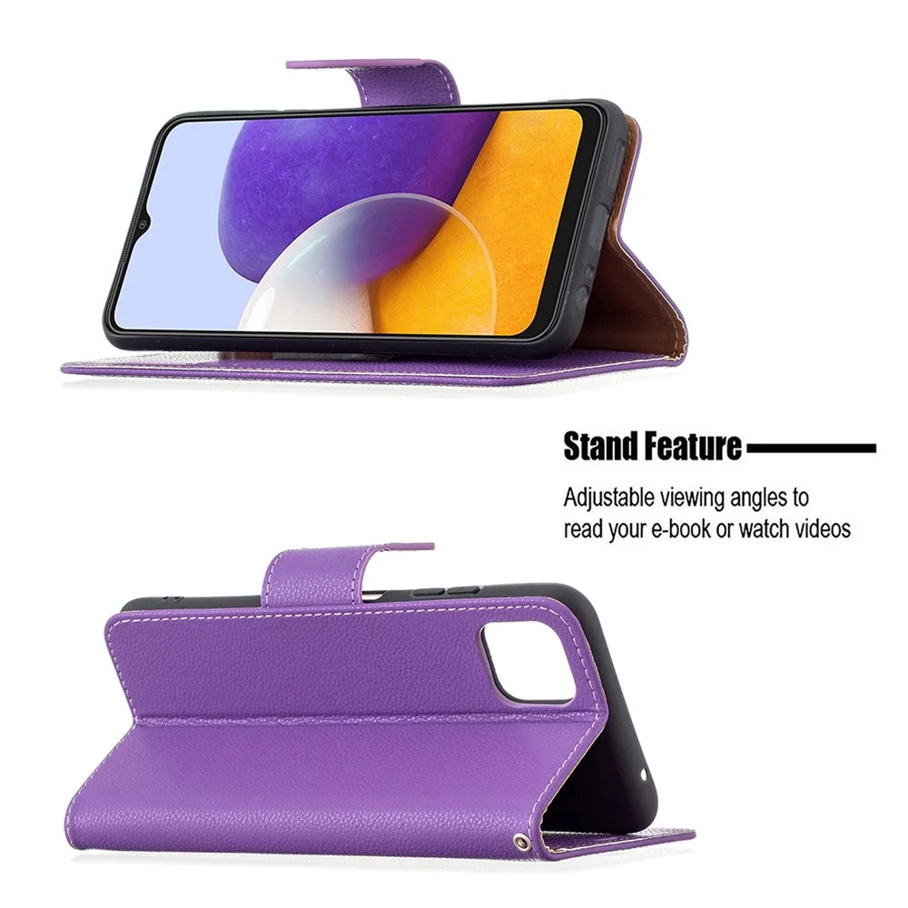 Solid Color Litchi Texture Wallet Stand Leather Cover with Strap for Samsung Galaxy A22 5G (EU Version) - Purple - 4