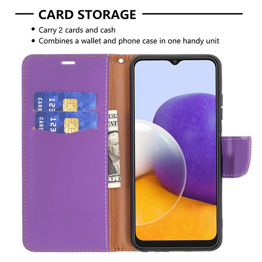 Solid Color Litchi Texture Wallet Stand Leather Cover with Strap for Samsung Galaxy A22 5G (EU Version) - Purple - 5