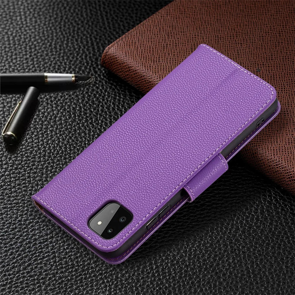 Solid Color Litchi Texture Wallet Stand Leather Cover with Strap for Samsung Galaxy A22 5G (EU Version) - Purple - 7