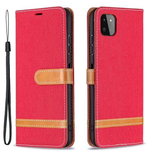 Assorted Color Jeans Cloth Leather Wallet Case with Hand Strap for Samsung Galaxy A22 5G (EU Version) - Red - 1