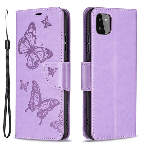 Butterfly Pattern Imprint Leather Wallet Case Shell for Samsung Galaxy A22 5G (EU Version) - Purple - 1