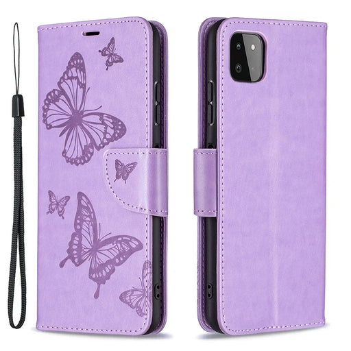 Butterfly Pattern Imprint Leather Wallet Case Shell for Samsung Galaxy A22 5G (EU Version) - Purple - 1