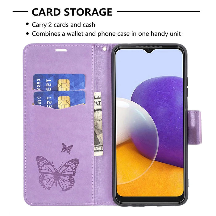 Butterfly Pattern Imprint Leather Wallet Case Shell for Samsung Galaxy A22 5G (EU Version) - Purple - 5