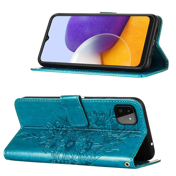 For Samsung Galaxy A22 5G (EU Version) Imprint Butterfly Leather Wallet Stand Case - Blue - 3
