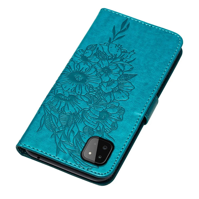 For Samsung Galaxy A22 5G (EU Version) Imprint Butterfly Leather Wallet Stand Case - Blue - 4