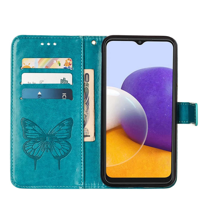 For Samsung Galaxy A22 5G (EU Version) Imprint Butterfly Leather Wallet Stand Case - Blue - 5