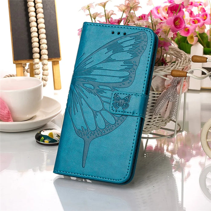 For Samsung Galaxy A22 5G (EU Version) Imprint Butterfly Leather Wallet Stand Case - Blue - 6
