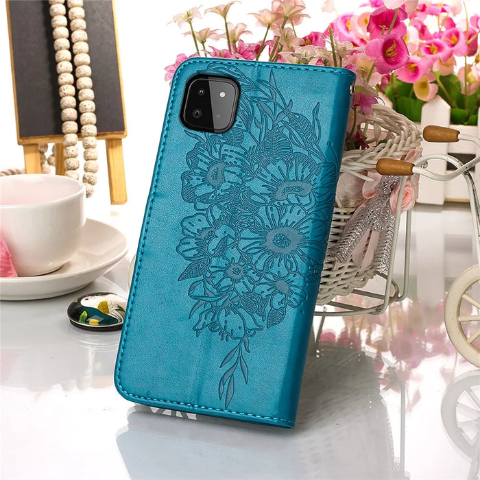 For Samsung Galaxy A22 5G (EU Version) Imprint Butterfly Leather Wallet Stand Case - Blue - 7