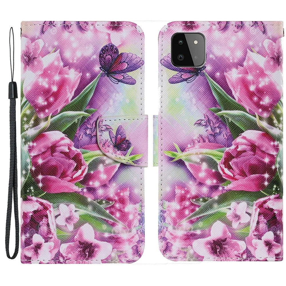 PU Leather Full Protection Wallet Stand Phone Cover [Pattern Printing Design] for Samsung Galaxy A22 5G (EU Version) - Beautiful Flower - 1