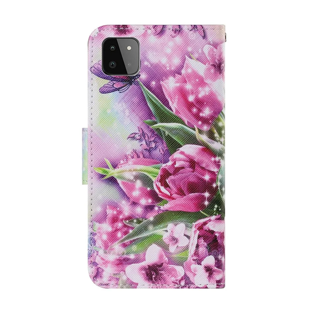 PU Leather Full Protection Wallet Stand Phone Cover [Pattern Printing Design] for Samsung Galaxy A22 5G (EU Version) - Beautiful Flower - 5