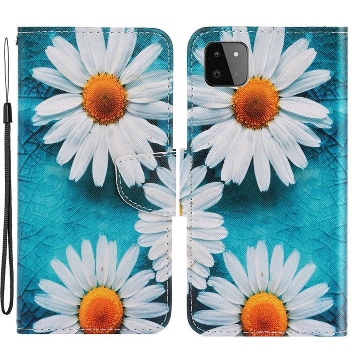 Full Coverage Pattern Printing PU Leather Wallet Stand Phone Cover Case for Samsung Galaxy A22 5G (EU Version) - Chrysanthemum - 1