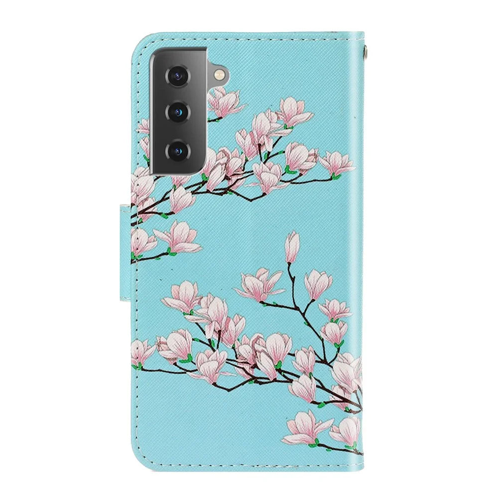 Colorful Pattern Printing PU Leather Wallet Stand Phone Cover Flip Case for Samsung Galaxy S21 FE - Flower - 3