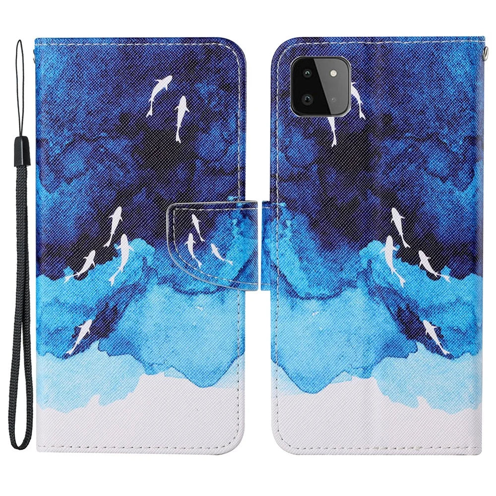Cross Texture PU Leather Phone Case with Pattern Printing for Samsung Galaxy A22 5G (EU Version) - Ocean - 1