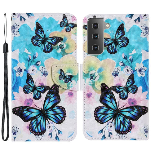 Pattern Printing Full-Protection Leather Wallet Stand Cell Phone Cover Case for Samsung Galaxy S21 FE - Blue Butterflies - 1
