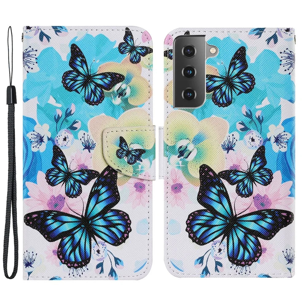 Pattern Printing Full-Protection Leather Wallet Stand Cell Phone Cover Case for Samsung Galaxy S21 FE - Blue Butterflies - 1