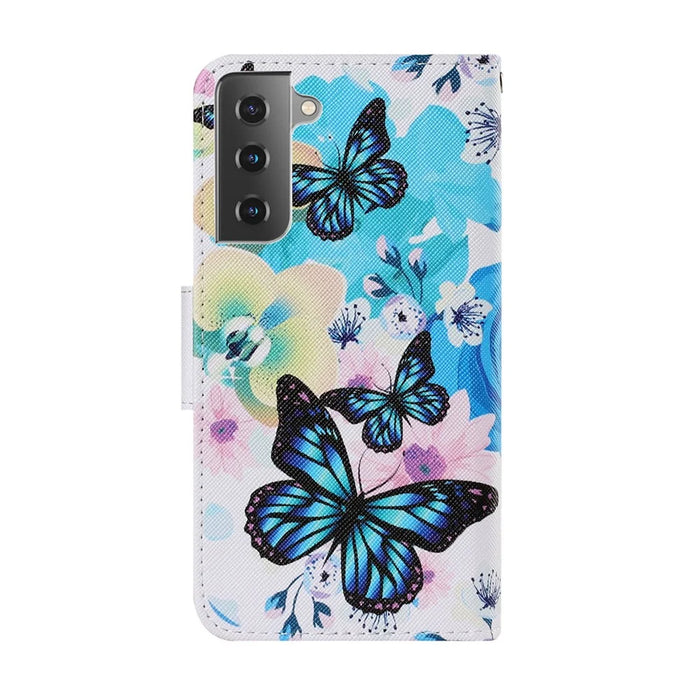 Pattern Printing Full-Protection Leather Wallet Stand Cell Phone Cover Case for Samsung Galaxy S21 FE - Blue Butterflies - 3