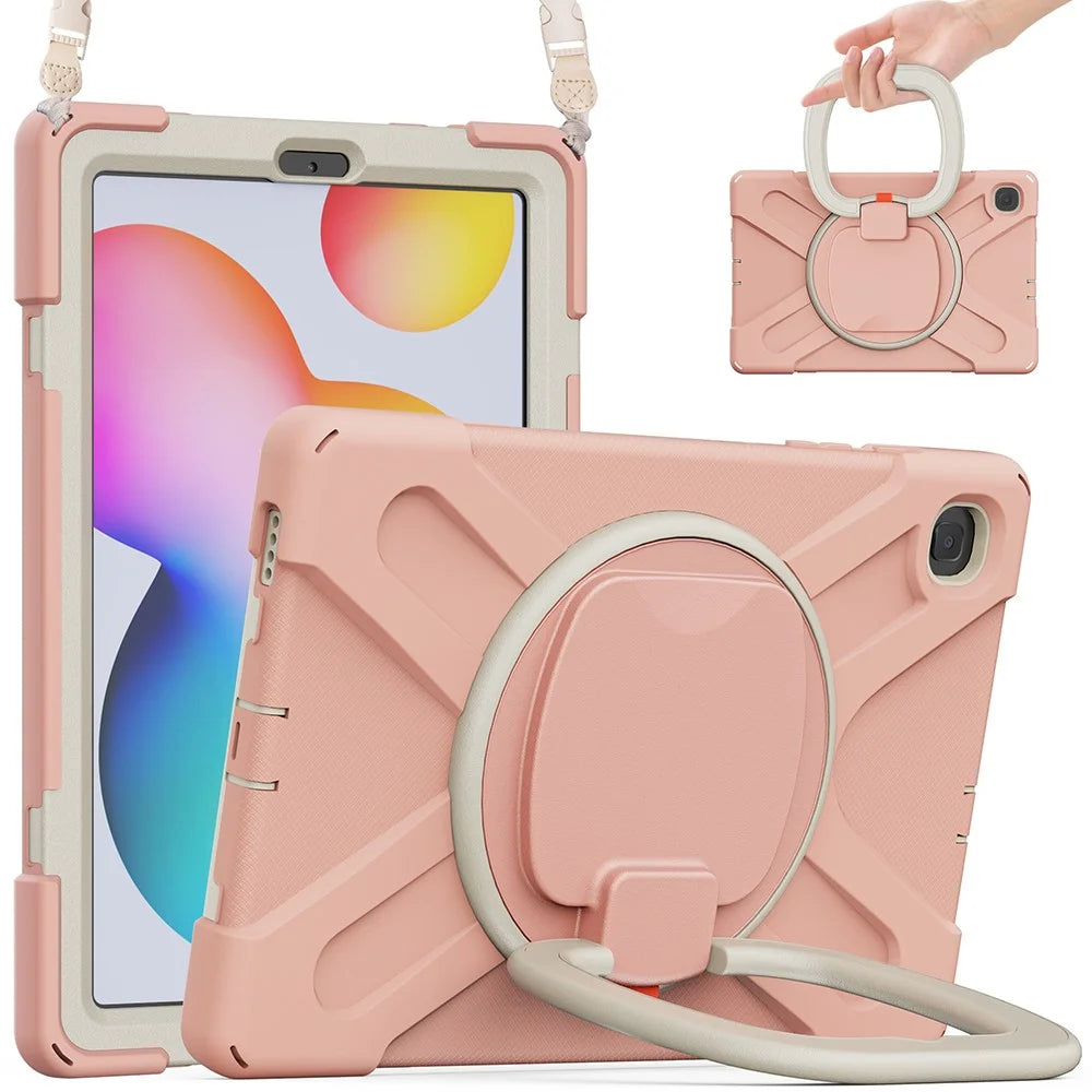 For Samsung Galaxy Tab S6 Lite (2020) P610, P615 / S6 Lite (2022) / (2024) P620 Case Kickstand Tablet Cover with Shoulder Strap - Pink / White - 1