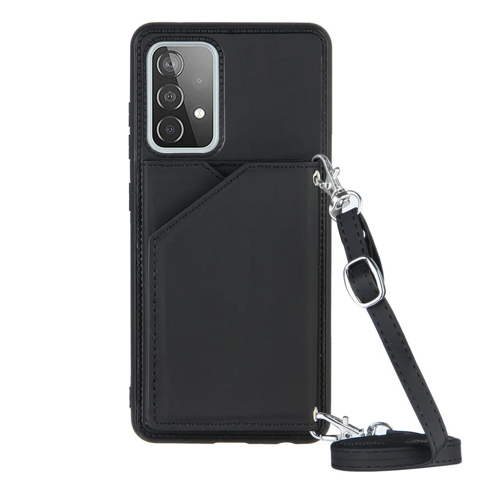 Smooth Leather Card Holder Design Phone Stand Case with Shoulder Strap for Samsung Galaxy A52 4G/5G / A52s 5G / A52s 5G - Black - 1