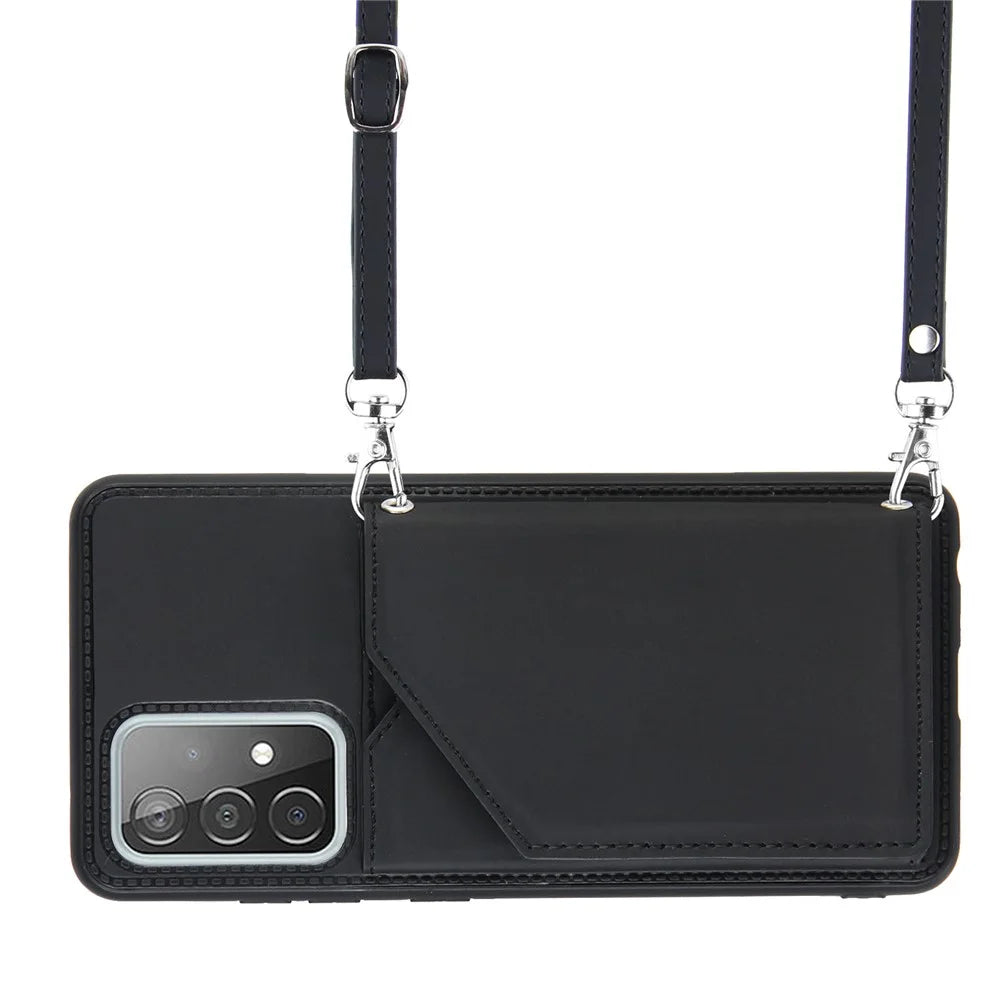 Smooth Leather Card Holder Design Phone Stand Case with Shoulder Strap for Samsung Galaxy A52 4G/5G / A52s 5G / A52s 5G - Black - 5
