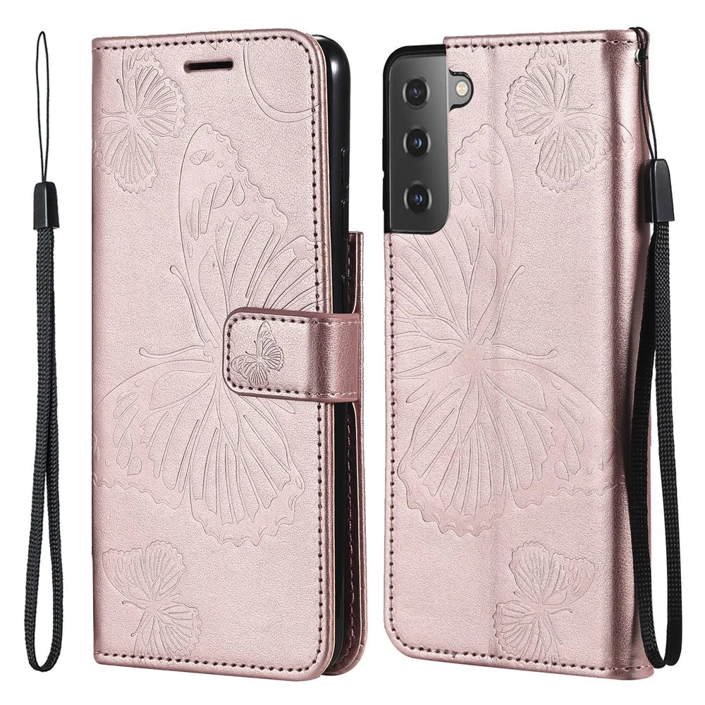 For Samsung Galaxy S21 FE Wallet Case Floral Butterfly Imprinted Leather Phone Cover Stand - Rose Gold - 1