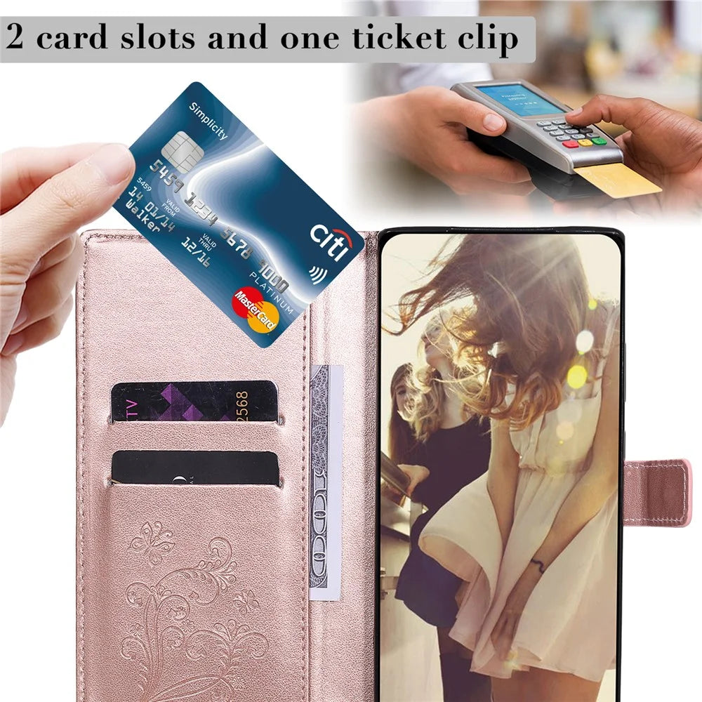 For Samsung Galaxy S21 FE Wallet Case Floral Butterfly Imprinted Leather Phone Cover Stand - Rose Gold - 3