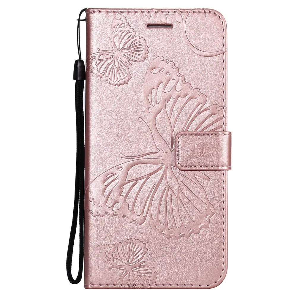 For Samsung Galaxy S21 FE Wallet Case Floral Butterfly Imprinted Leather Phone Cover Stand - Rose Gold - 4