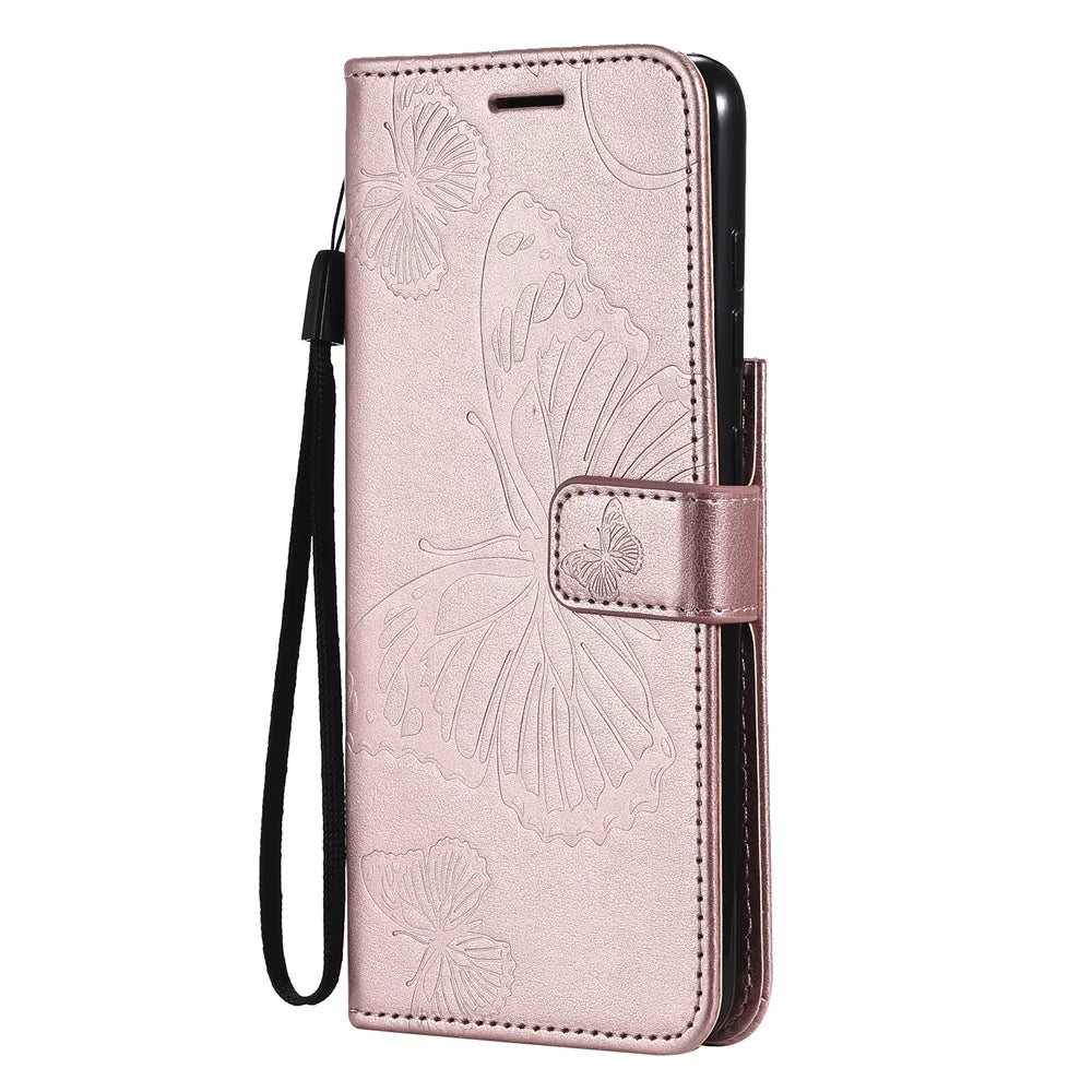 For Samsung Galaxy S21 FE Wallet Case Floral Butterfly Imprinted Leather Phone Cover Stand - Rose Gold - 5