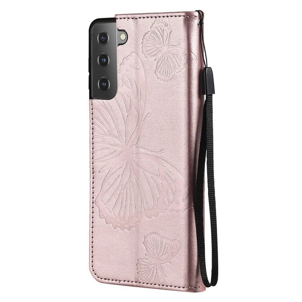For Samsung Galaxy S21 FE Wallet Case Floral Butterfly Imprinted Leather Phone Cover Stand - Rose Gold - 6