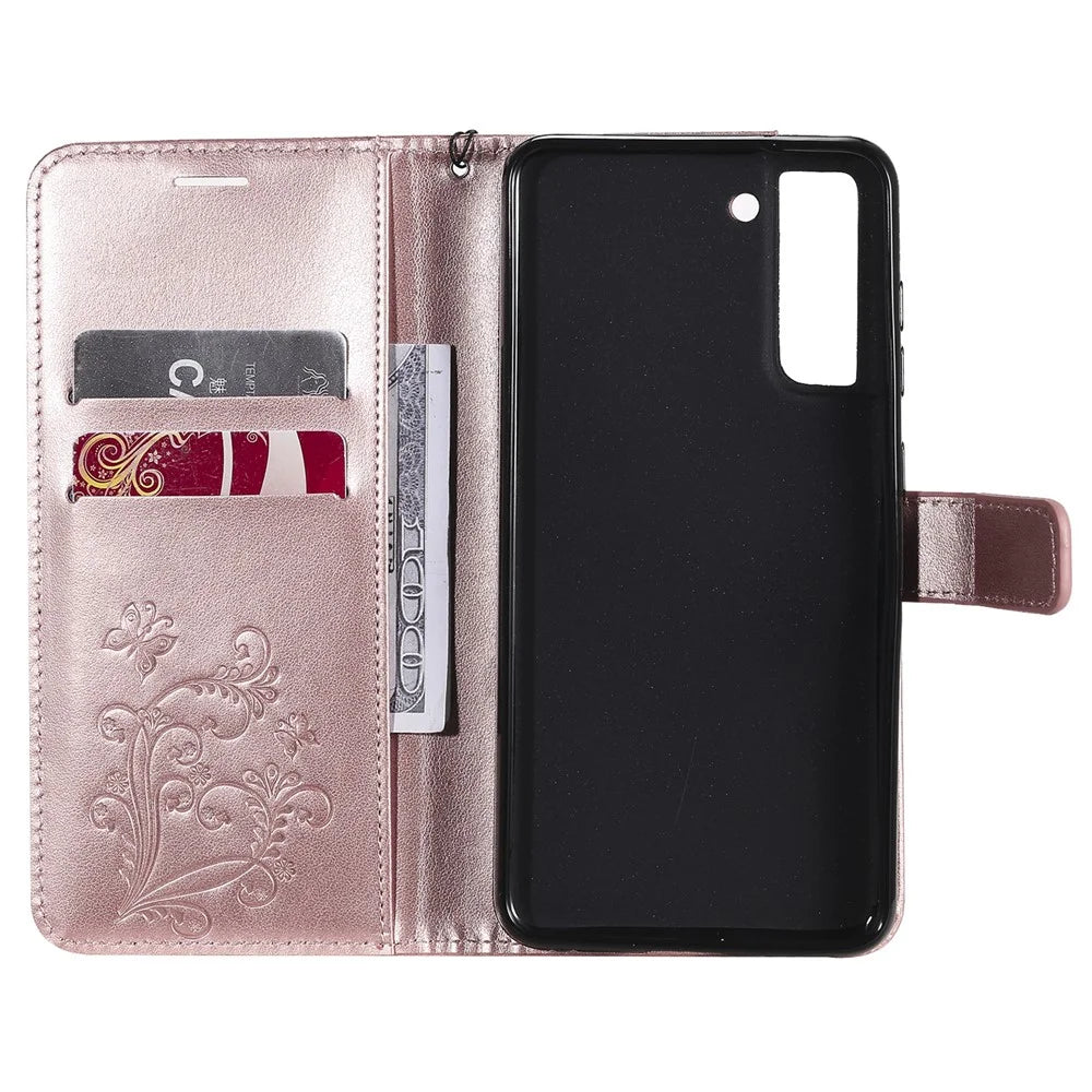 For Samsung Galaxy S21 FE Wallet Case Floral Butterfly Imprinted Leather Phone Cover Stand - Rose Gold - 7