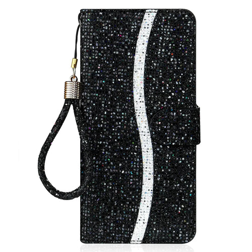 Wallet Stand Design Glittery Powder Splicing Leather Case with Hand Strap for Samsung Galaxy S21 FE - Black - 1