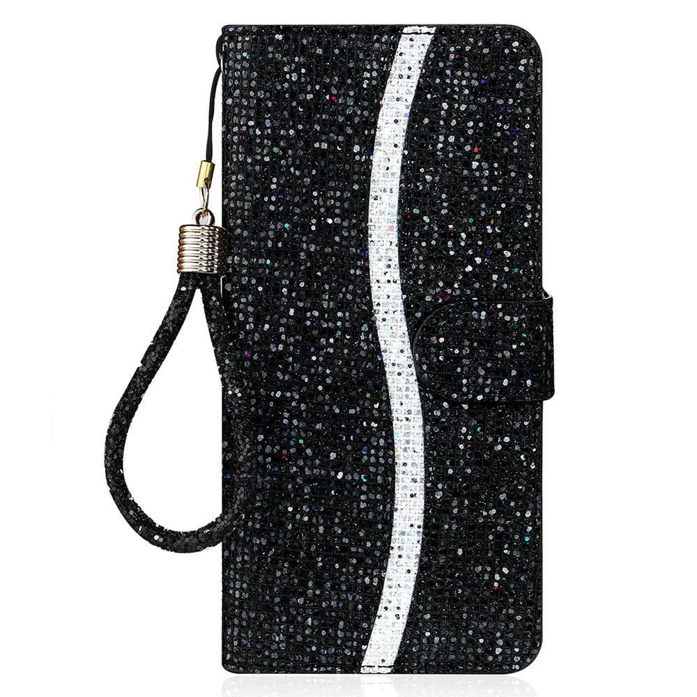 Wallet Stand Design Glittery Powder Splicing Leather Case with Hand Strap for Samsung Galaxy S21 FE - Black - 1