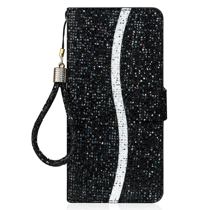 Wallet Stand Design Glittery Powder Splicing Leather Case with Hand Strap for Samsung Galaxy S21 FE - Black - 1