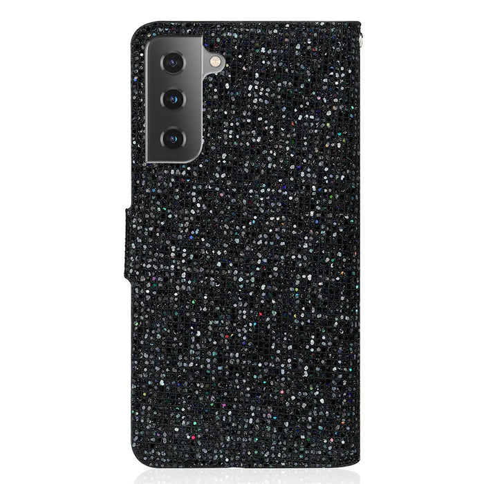 Wallet Stand Design Glittery Powder Splicing Leather Case with Hand Strap for Samsung Galaxy S21 FE - Black - 2
