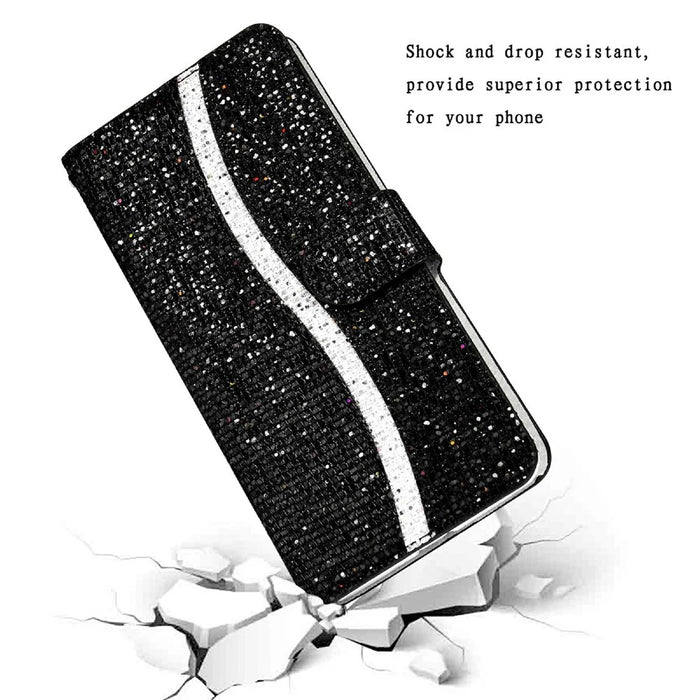 Wallet Stand Design Glittery Powder Splicing Leather Case with Hand Strap for Samsung Galaxy S21 FE - Black - 3