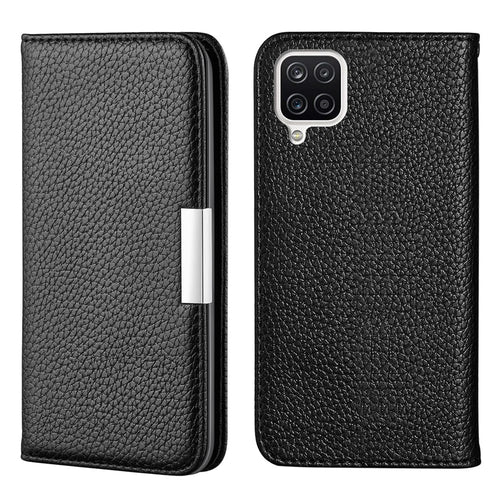 Metal Buckle Design Litchi Skin Auto-absorbed Leather Phone Shell Case with Card Slots for Samsung Galaxy A22 4G (EU Version) - Black - 1
