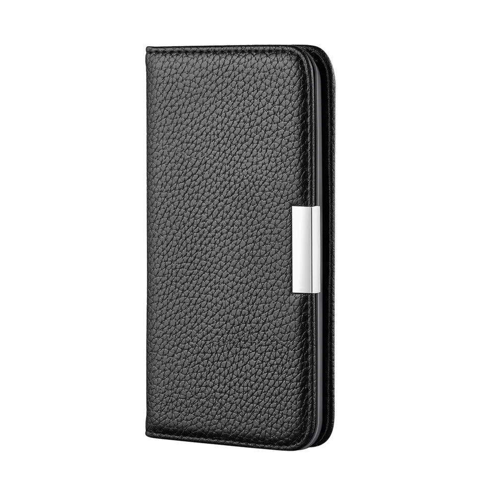 Metal Buckle Design Litchi Skin Auto-absorbed Leather Phone Shell Case with Card Slots for Samsung Galaxy A22 4G (EU Version) - Black - 7