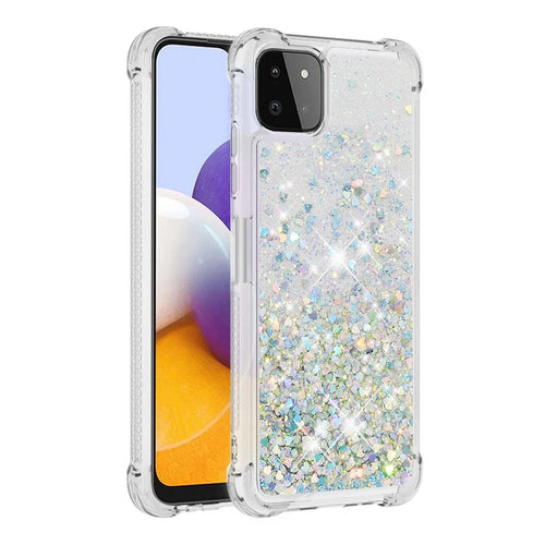 For Samsung Galaxy A22 5G (US Version) Floating Quicksand Phone Case Shockproof TPU Protector Shell - Silver Hearts - 1