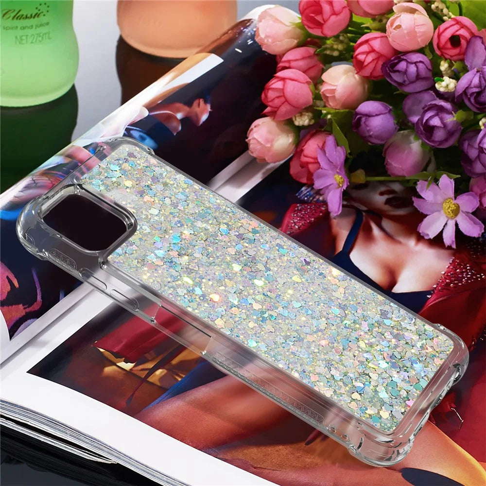 For Samsung Galaxy A22 5G (US Version) Floating Quicksand Phone Case Shockproof TPU Protector Shell - Silver Hearts - 2