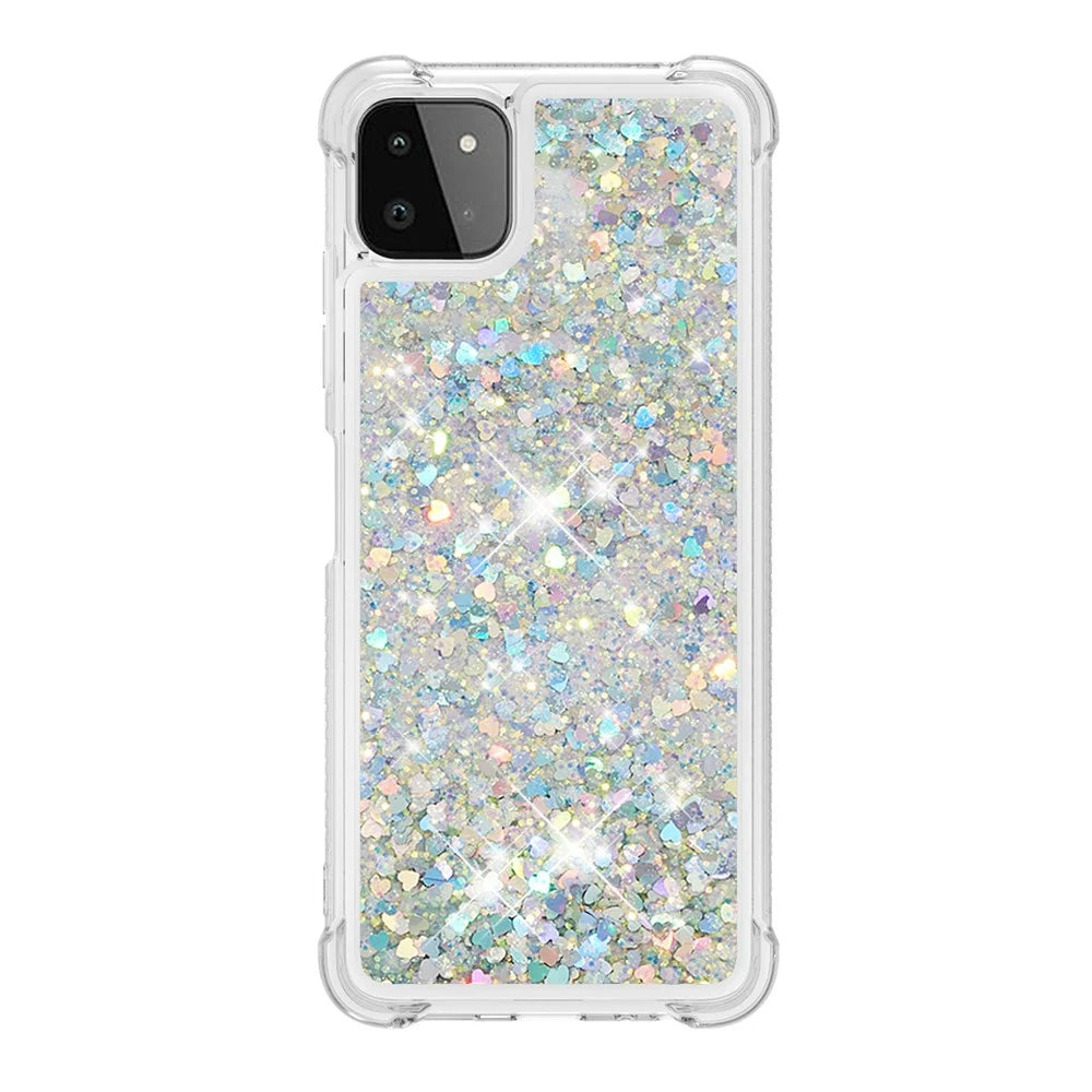 For Samsung Galaxy A22 5G (US Version) Floating Quicksand Phone Case Shockproof TPU Protector Shell - Silver Hearts - 3