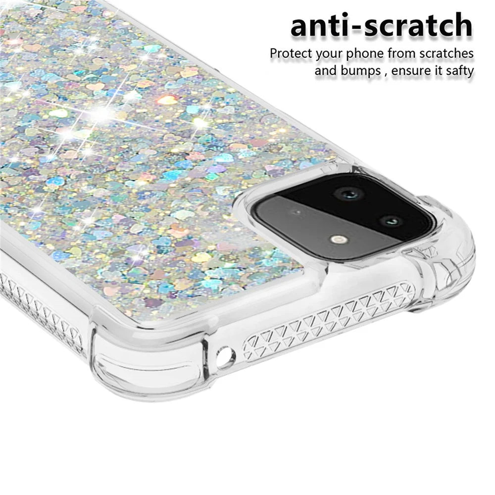 For Samsung Galaxy A22 5G (US Version) Floating Quicksand Phone Case Shockproof TPU Protector Shell - Silver Hearts - 4