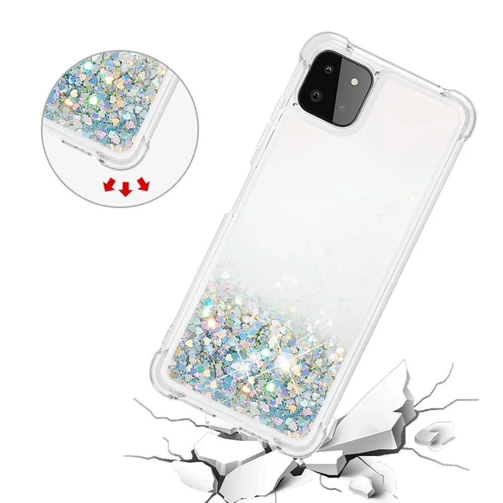For Samsung Galaxy A22 5G (US Version) Floating Quicksand Phone Case Shockproof TPU Protector Shell - Silver Hearts - 5