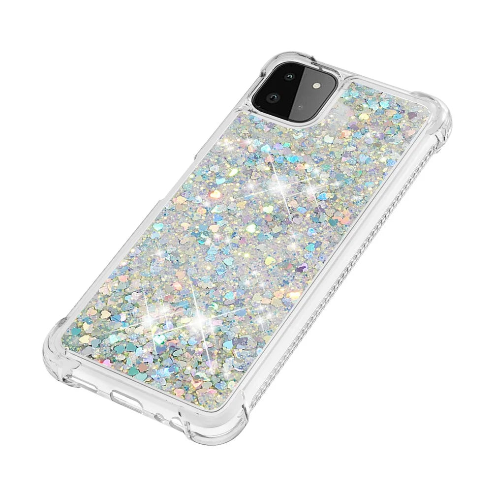 For Samsung Galaxy A22 5G (US Version) Floating Quicksand Phone Case Shockproof TPU Protector Shell - Silver Hearts - 6