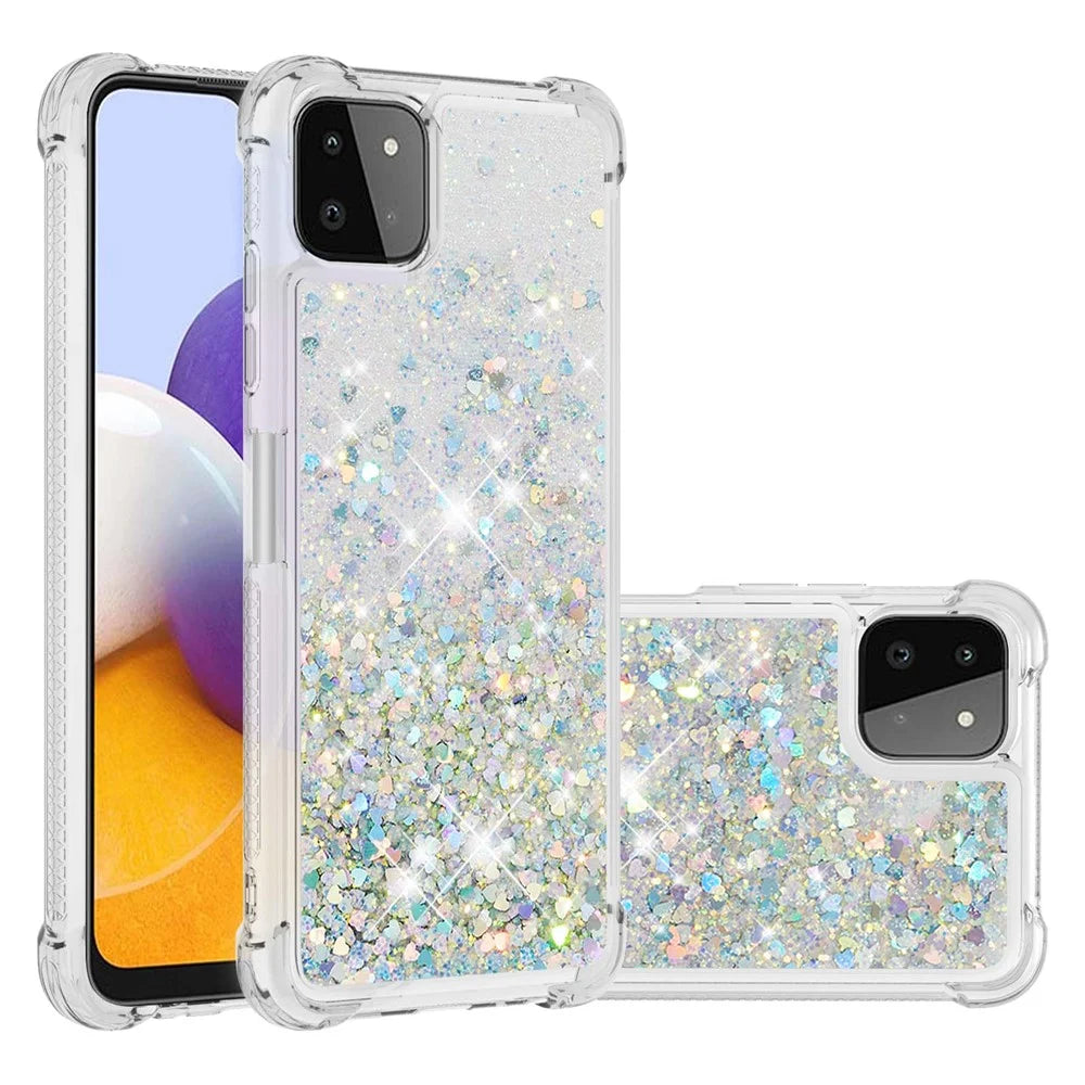 For Samsung Galaxy A22 5G (US Version) Floating Quicksand Phone Case Shockproof TPU Protector Shell - Silver Hearts - 7