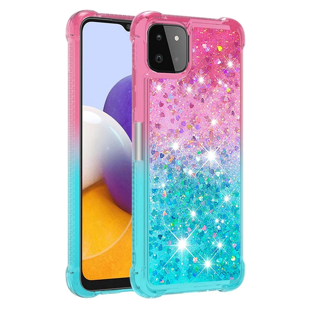 Dynamic Glitter Powder Sequins Quicksand Shockproof TPU Cover Case for Samsung Galaxy A22 5G (US Version) - Pink/Sky Blue - 1