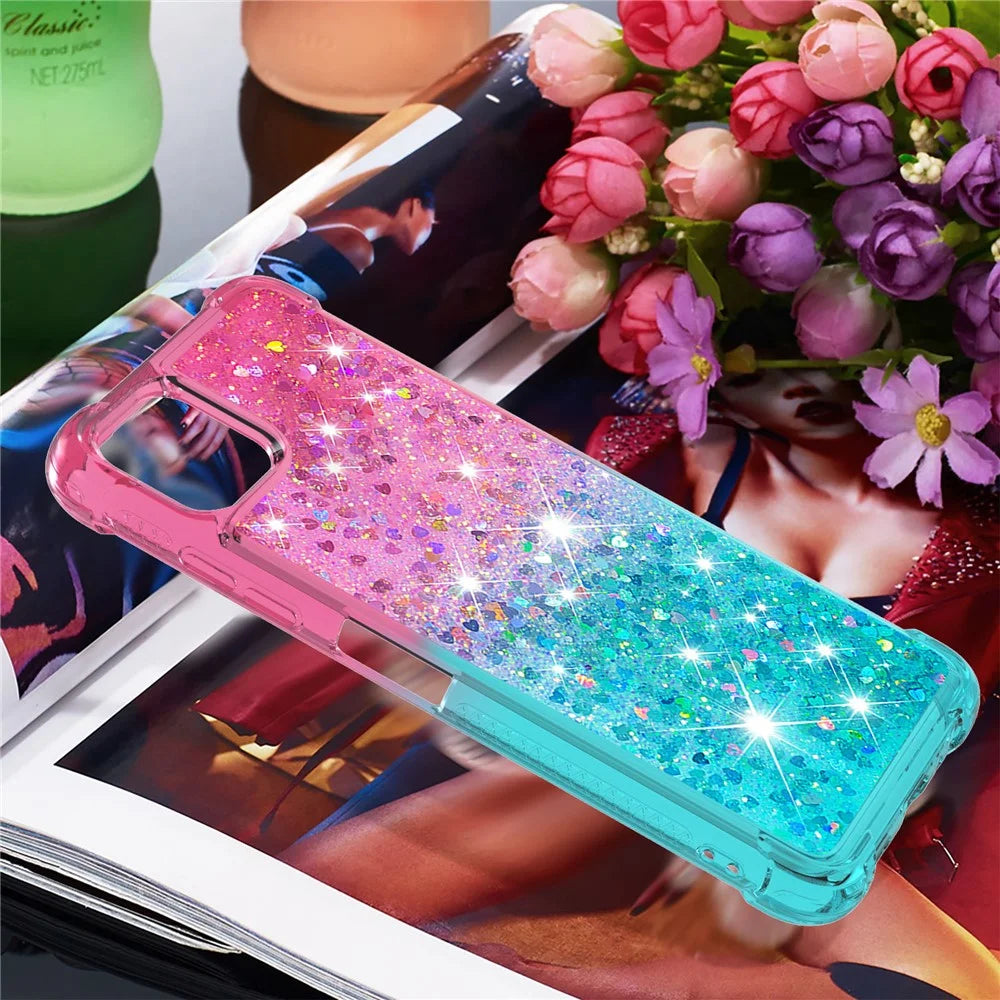 Dynamic Glitter Powder Sequins Quicksand Shockproof TPU Cover Case for Samsung Galaxy A22 5G (US Version) - Pink/Sky Blue - 2