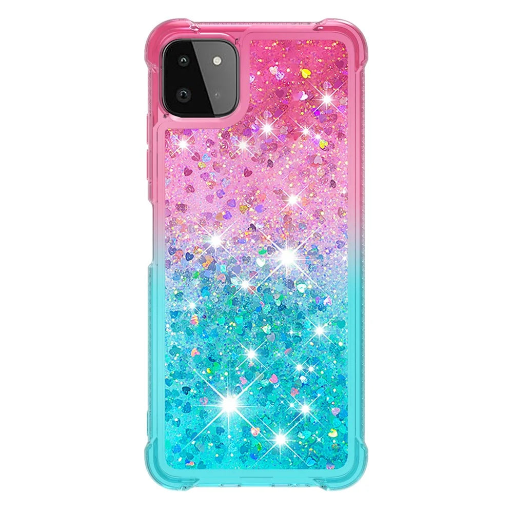 Dynamic Glitter Powder Sequins Quicksand Shockproof TPU Cover Case for Samsung Galaxy A22 5G (US Version) - Pink/Sky Blue - 3