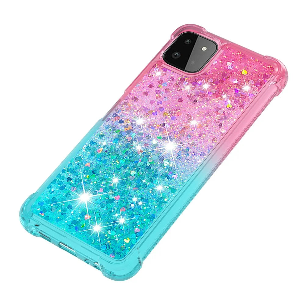 Dynamic Glitter Powder Sequins Quicksand Shockproof TPU Cover Case for Samsung Galaxy A22 5G (US Version) - Pink/Sky Blue - 4