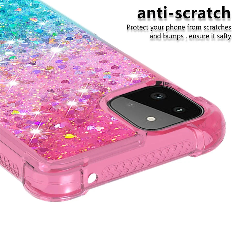 Dynamic Glitter Powder Sequins Quicksand Shockproof TPU Cover Case for Samsung Galaxy A22 5G (US Version) - Pink/Sky Blue - 5