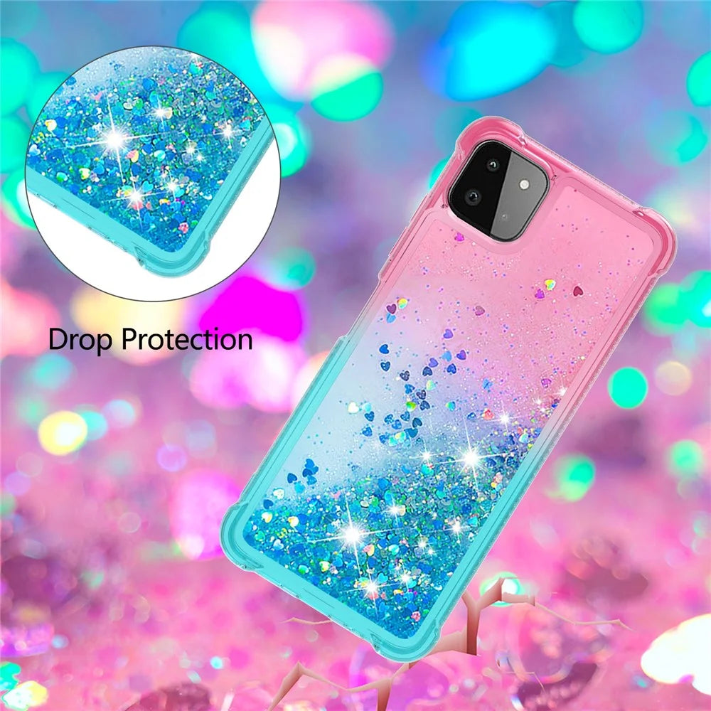 Dynamic Glitter Powder Sequins Quicksand Shockproof TPU Cover Case for Samsung Galaxy A22 5G (US Version) - Pink/Sky Blue - 6
